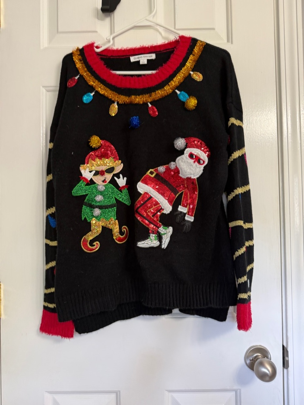Sparkly Black Christmas Sweater with Santa & Elf
